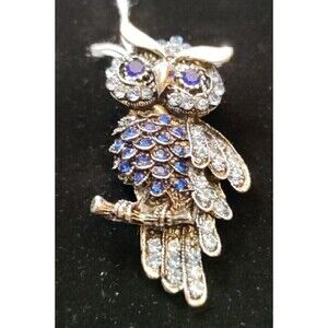 Silver Color & Blue Rhinestone Owl Brooch  1" Wide X 1.5" Long